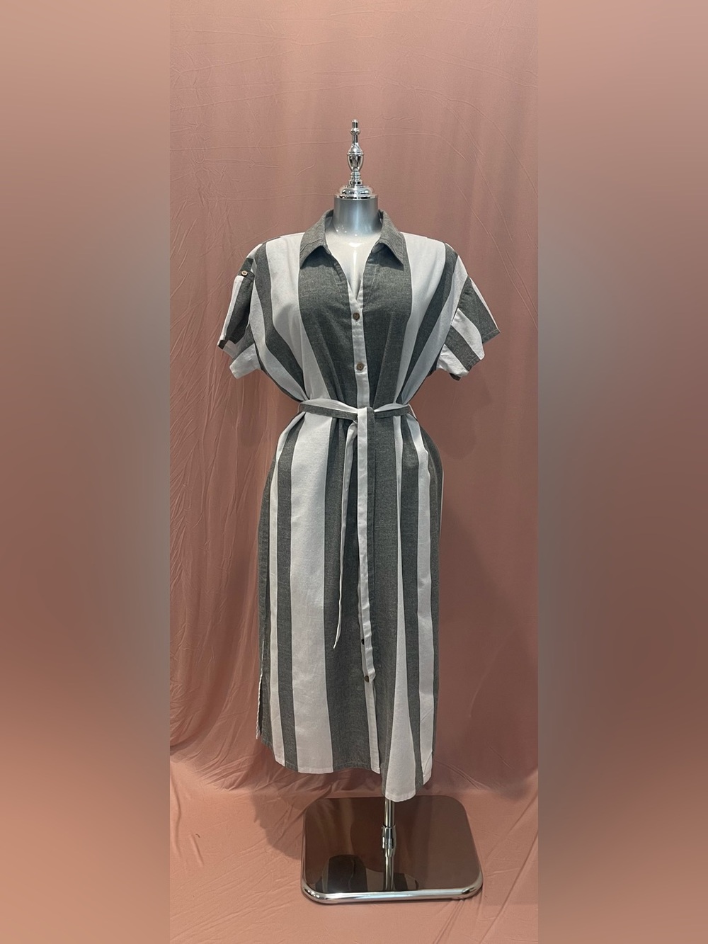 Mlle Gabrielle Striped Maxi Shirt Dress - White & Gray